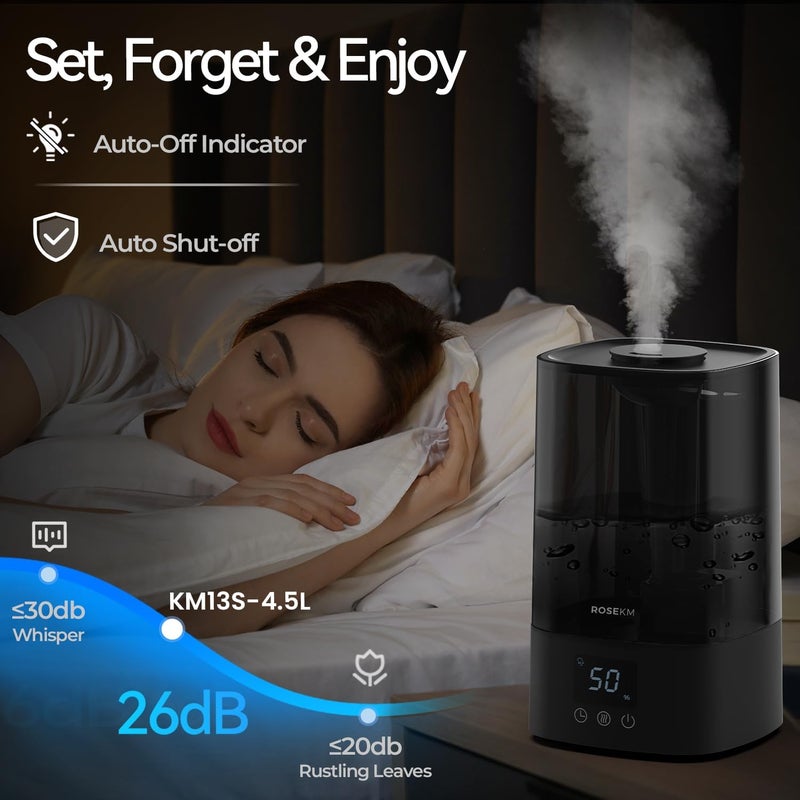 Rosekm Automatic Humidifiers for Bedroom Large Room, 4.5L Cool Mist Humidifier for Home & Plant with Timer & Humidity Sensor, Last Up to 18H on High Setting, Auto Shut-Off, 360° Nozzle (Black) - Image 5